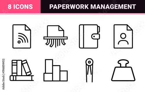 Professional document management and office administration line art set with Minimalist monoline aesthetic for digital filing systems.