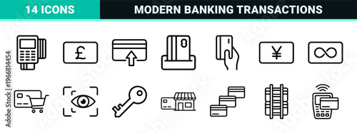 Financial Payment Systems and Credit Card Transaction Line Art. Minimalist monoline banking for fintech and e-commerce interfaces.