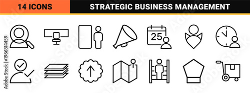 Corporate Leadership and Business Management Icon Set Featuring Minimalist Geometric Monoline Outlines for HR and Strategic Operations