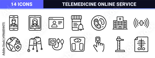 Minimalist digital healthcare and telemedicine line art symbols for medical apps, online consultations, and health monitoring technology software.