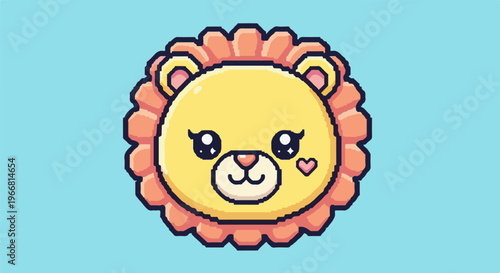 Cute pixel art lion face with a pink heart on its cheek