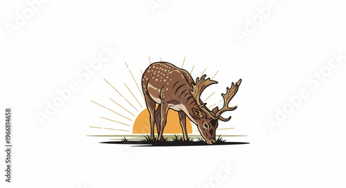 Deer grazes near rising sun with sunburst rays