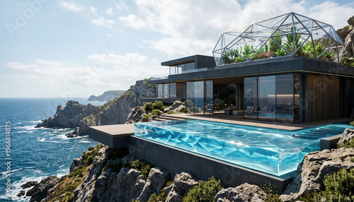 Luxury futuristic architecture featuring a rooftop greenhouse and crystal-clear pool at the ocean edge.