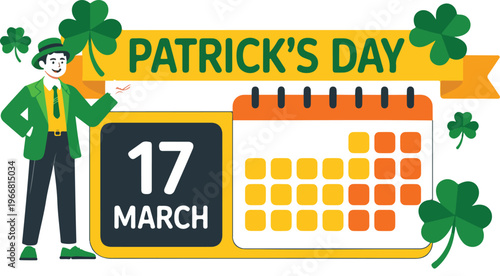 Flat decorative vector of St. Patrick’s Day elements featuring leprechaun character, holiday banner, calendar date, and clovers cartoon style