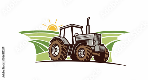 Gray tractor plows fertile fields under a rising sun