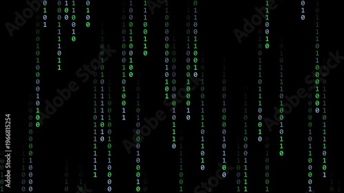 slow digital binary code matrix rain green and blue on black background loop