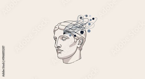 Classical bust with abstract neural network connections emanating from head