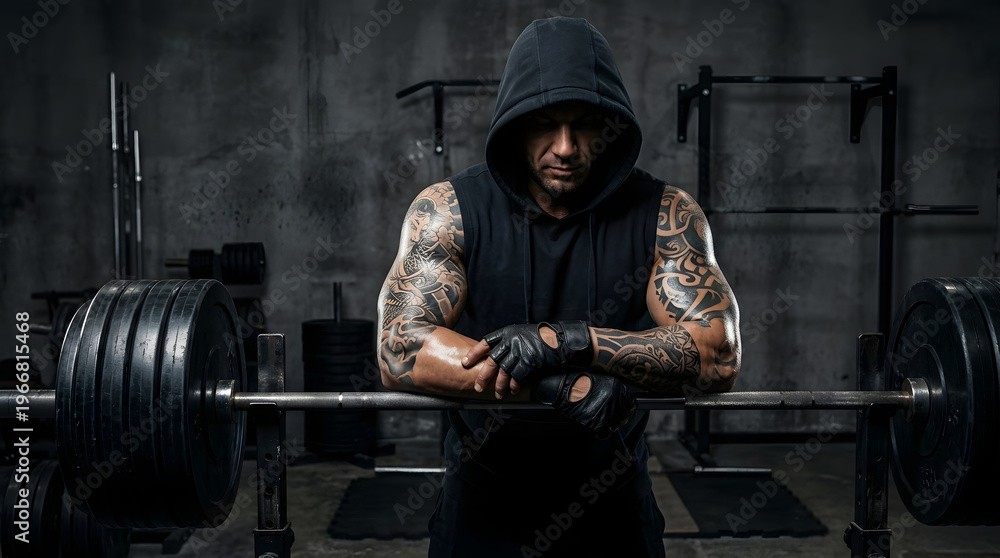 Fototapeta premium Athletic man resting in gym with heavy barbell strength concept