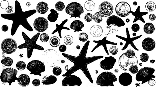 Marine treasure collection featuring coins and starfish, illustration collection
