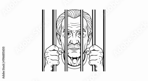 Elderly man with mustache behind bars, gripping the bars with his hands