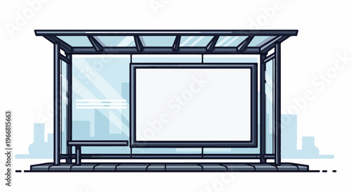Modern bus shelter with glass panels and advertising space against urban skyline