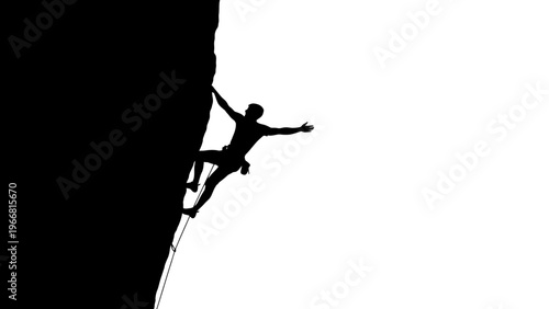 Silhouette of a rock climber scaling a steep cliff face against a white background