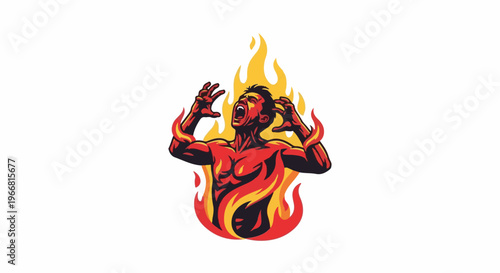 Man engulfed in flames, screaming in agony, arms raised