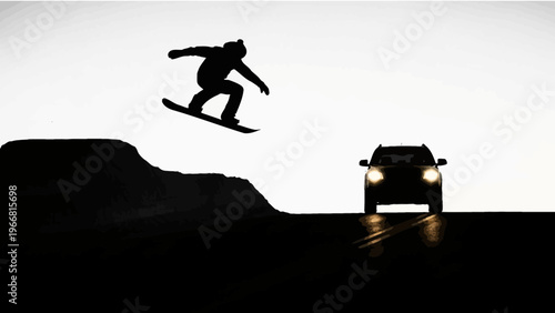 Snowboarder Jumps Over Car on Road at Sunset Silhouette Extreme Sports
