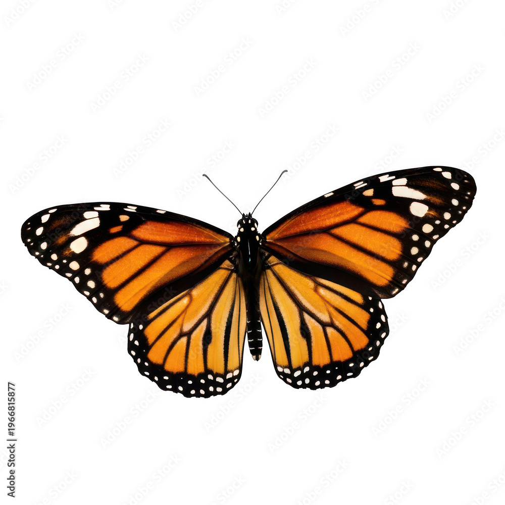 Fototapeta premium Vibrant monarch butterfly with striking orange and black wing patterns in flight