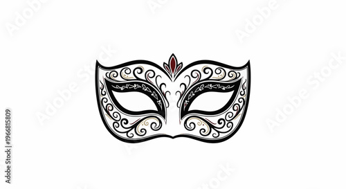 Ornate black and gold masquerade mask with swirling patterns and a ruby accent