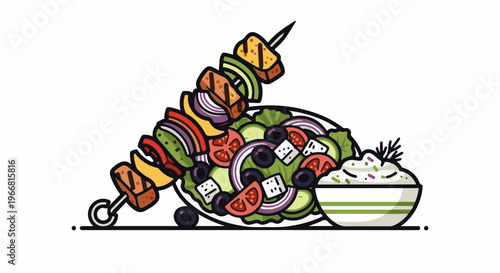 Grilled skewers and salad with dip