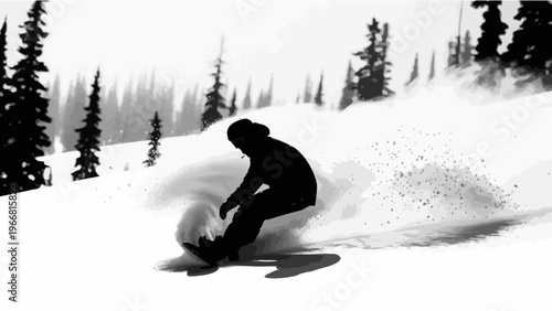Snowboarder carving a turn, kicking up powder snow in a winter mountain landscape.