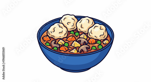 Hearty stew with dumplings, carrots, peas, and mushrooms in a bowl
