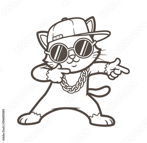 A cartoon cat wearing sunglasses and a baseball cap making a gesture