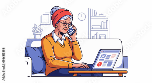 Elderly woman talks on phone while using laptop at home