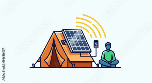 Person meditating near solar-powered tent with phone charging
