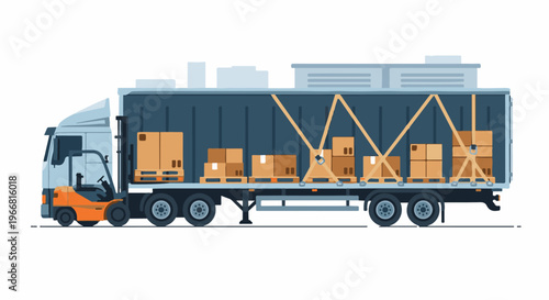 Flat graphic of a truck loading boxes with a forklift