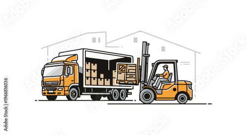 Forklift loading boxes into a truck next to warehouses