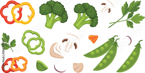 Fresh vegetables vector set with broccoli bell pepper peas mushroom and parsley healthy food illustration isolated on white background