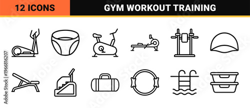 Minimalist monoline fitness line art with gym equipment and health tracking graphics for professional commercial UI design.