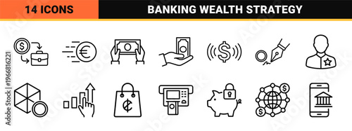 Corporate Finance and Global Investment Strategy minimalist Monoline Icon Set featuring Geometric Banking and Wealth Management Symbols
