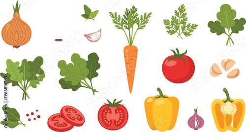 Fresh vegetables vector set with tomato carrot onion bell pepper garlic and leafy greens healthy food illustration isolated on white background