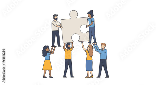 Diverse team of people working together to assemble a large jigsaw puzzle piece, symbolizing teamwork and collaboration