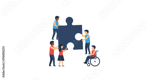 Diverse group of people including a person in a wheelchair assembling a large puzzle piece, symbolizing teamwork and inclusion.