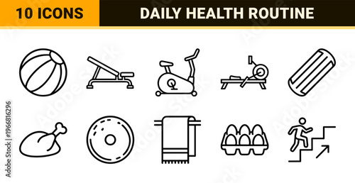 Minimalist monoline fitness and wellness icon set featuring geometric gym equipment, healthy lifestyle symbols, and athletic training elements.