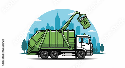 Green garbage truck collects trash in a city with buildings and trees