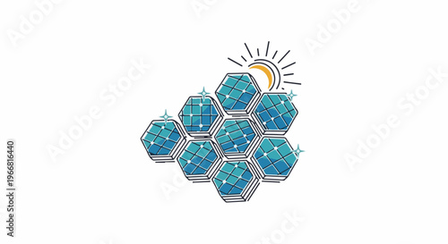 Hexagonal solar panels with a bright sun and sparkling accents
