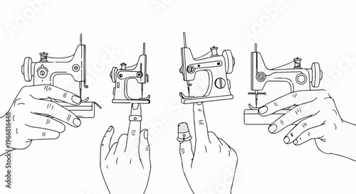 Hands balance mini sewing machines on fingertips, some with thimbles