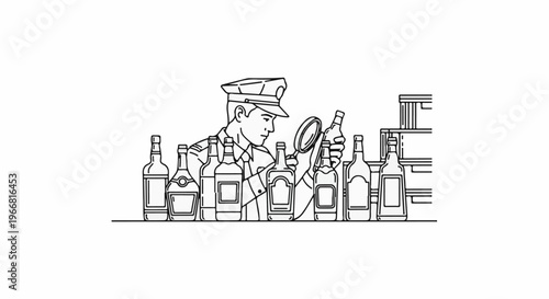 Official inspects bottles with magnifying glass, rows of bottles, shelves