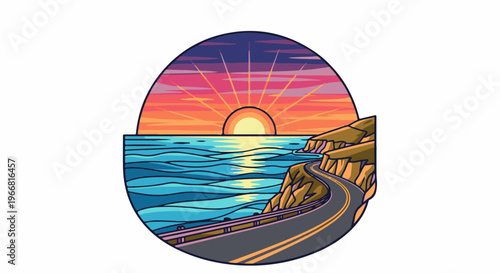Scenic coastal road winds alongside ocean at vibrant pixelated sunset