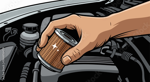 Hand holding a new car oil filter over engine components