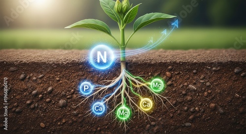 Conceptual Illustration of a Young Plant Absorbing Essential Nutrients and Minerals Through its Roots in Soil for Growth