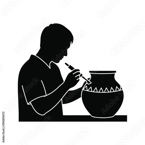 Silhouette illustration of a man cooking and holding a cup with traditional pottery and kitchen items