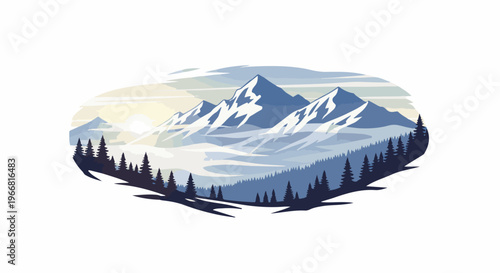 Pixelated mountain range with snow, evergreen trees, and hazy sky