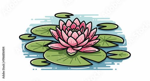 Pink water lily blooms on green pads in blue, stylized pond water
