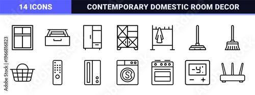 Minimalist monoline furniture and home interior outline icons for architectural planning and professional interior design conceptualization.