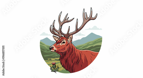Majestic stag with large antlers stands in rolling green hills with a thistle