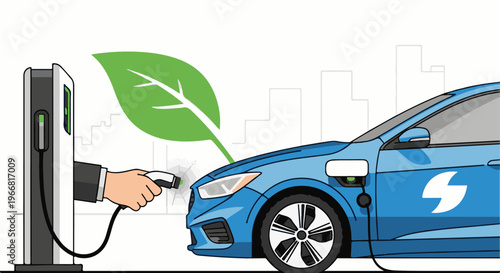 Person connecting electric car charger with leaf symbol