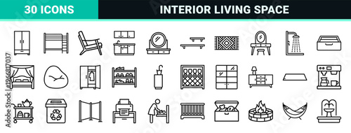 Minimalist Geometric Line Art Furniture Icons for Modern Interior Design and Architectural Planning Layouts with Monoline Aesthetic.