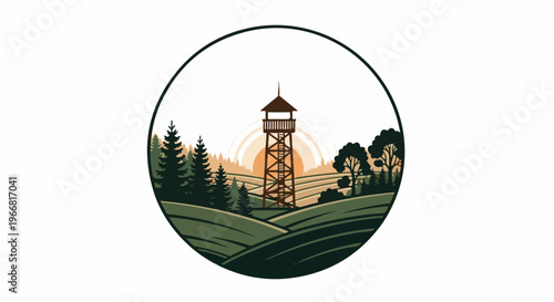 Rustic lookout tower in a scenic landscape with rolling hills and trees